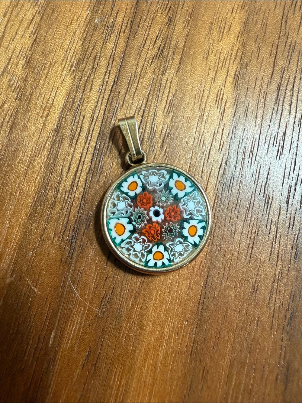Murano Millefiori Floral Round Pendant - Orange, White & Green
